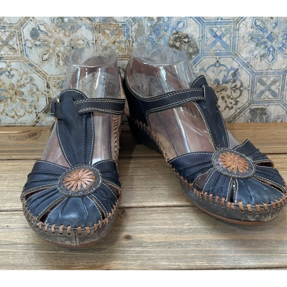 Pikolinos T-Strap Whipstitch Leather Wedge Sandals Womens 38 / 7.5 Black Shoes